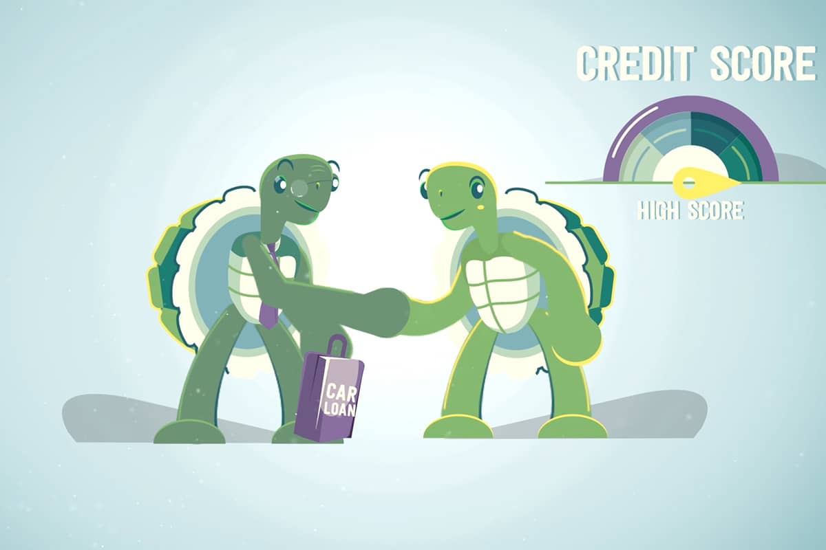 Banker turtle and credit turtle shake hands with car loan in hand 2